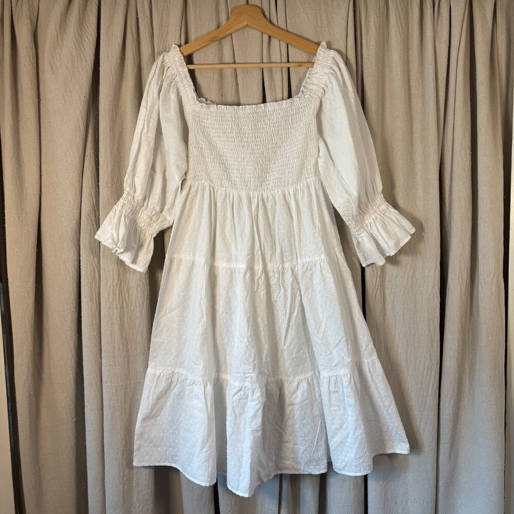 Swiss Dot Smocked Tiered Midi Dress Off White Puff Sleeve‎ Size Large NWT